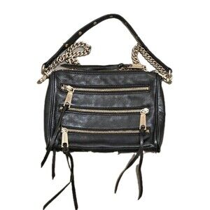 REBECCA MINKOFF Mini 5 Zip Black Leather Crossbody Bag Gold Chain Strap Hardware
